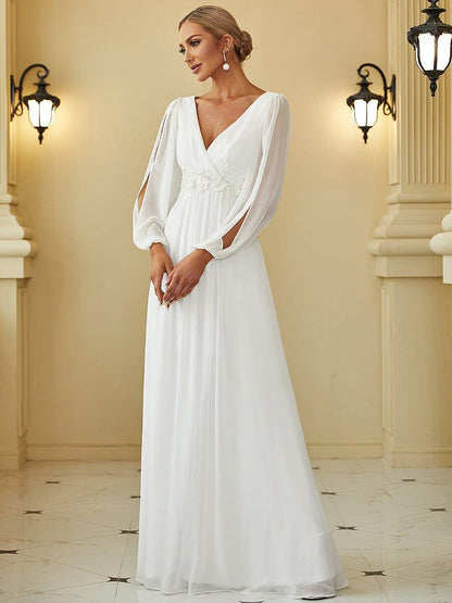 ever AMOUR|Lantern Long Slit Sleeve Deep V Applique Maxi Evening Dress