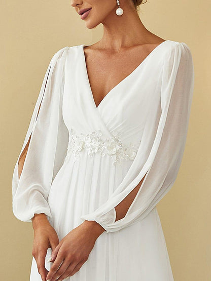 ever AMOUR|Lantern Long Slit Sleeve Deep V Applique Maxi Evening Dress