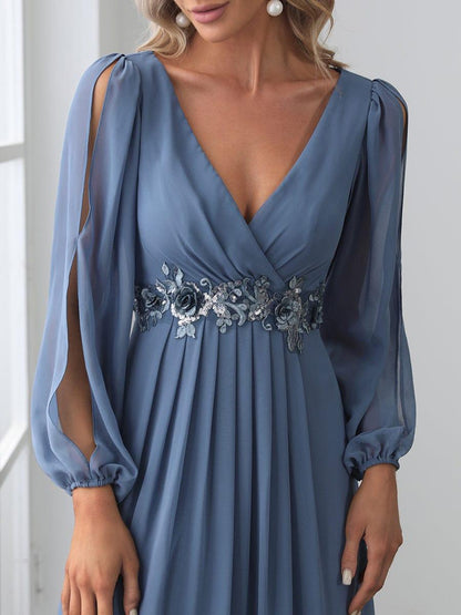 ever AMOUR|Lantern Long Slit Sleeve Deep V Applique Maxi Evening Dress