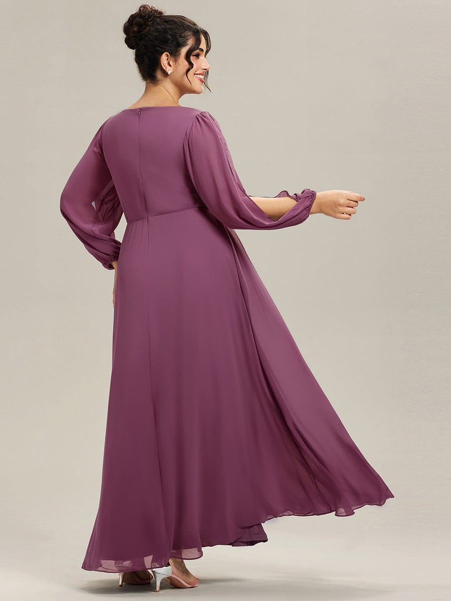 ever AMOUR|Lantern Long Slit Sleeve Deep V Applique Maxi Evening Dress