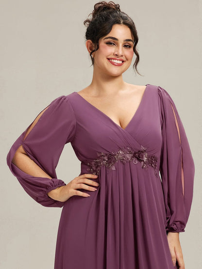 ever AMOUR|Lantern Long Slit Sleeve Deep V Applique Maxi Evening Dress