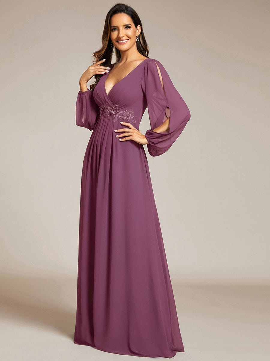 ever AMOUR|Lantern Long Slit Sleeve Deep V Applique Maxi Evening Dress