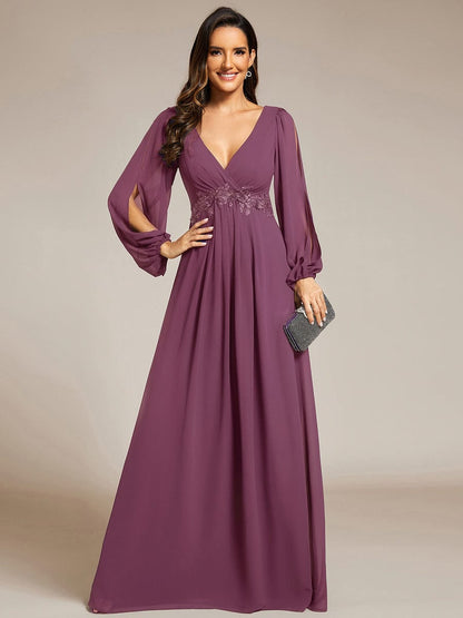 ever AMOUR|Lantern Long Slit Sleeve Deep V Applique Maxi Evening Dress