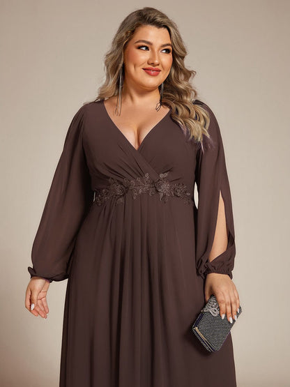 ever AMOUR|Lantern Long Slit Sleeve Deep V Applique Maxi Evening Dress