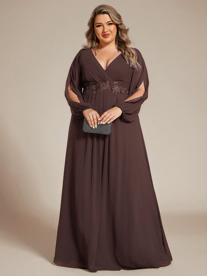 ever AMOUR|Lantern Long Slit Sleeve Deep V Applique Maxi Evening Dress