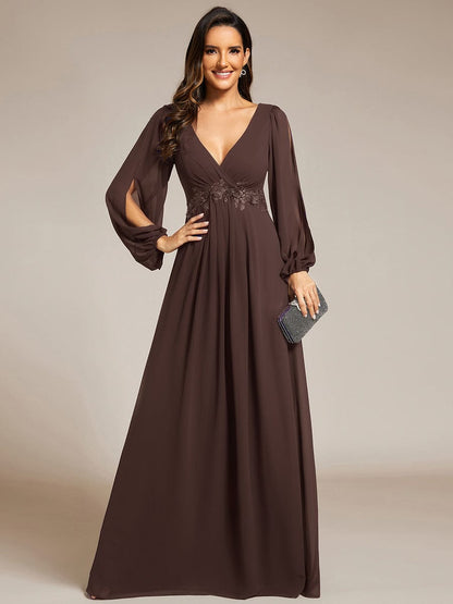 ever AMOUR|Lantern Long Slit Sleeve Deep V Applique Maxi Evening Dress