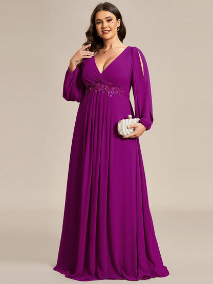 ever AMOUR|Lantern Long Slit Sleeve Deep V Applique Maxi Evening Dress