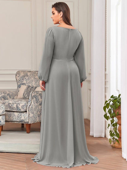 ever AMOUR|Lantern Long Slit Sleeve Deep V Applique Maxi Evening Dress