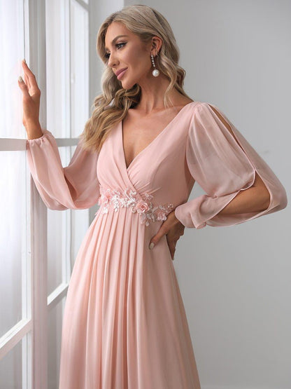 ever AMOUR|Lantern Long Slit Sleeve Deep V Applique Maxi Evening Dress