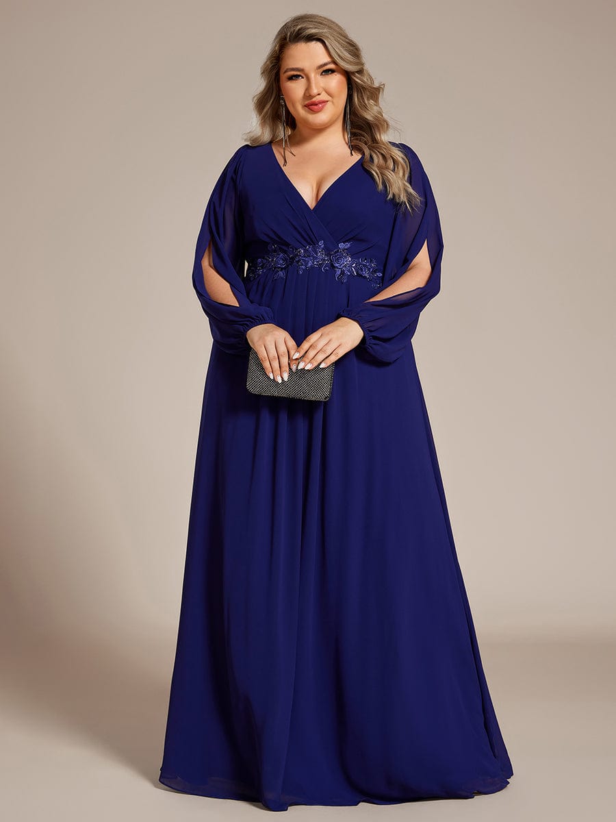 ever AMOUR|Lantern Long Slit Sleeve Deep V Applique Maxi Evening Dress