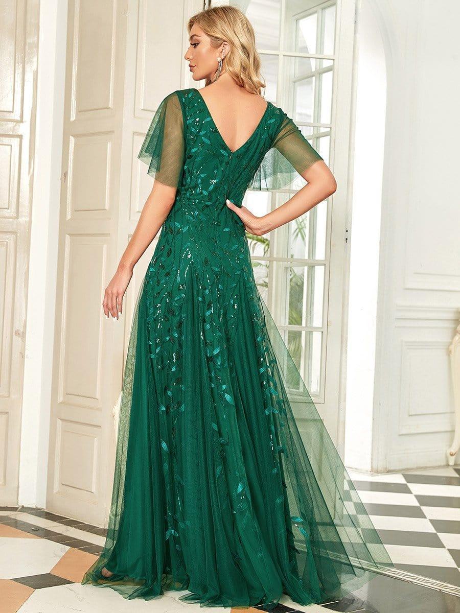 ever ASTRAL|Romantic Shimmery V Neck Ruffle Sleeves Maxi Long Evening Gowns