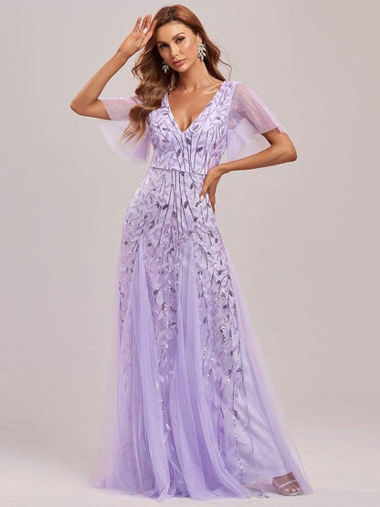 Robe Longue de Soirée Éclatante à Volants et Col en V Romantique