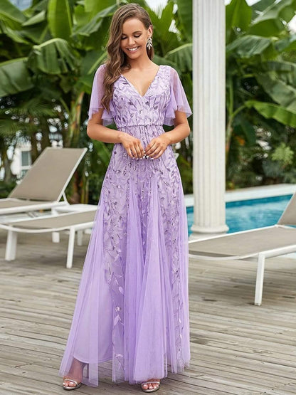 Robe Longue de Soirée Éclatante à Volants et Col en V Romantique