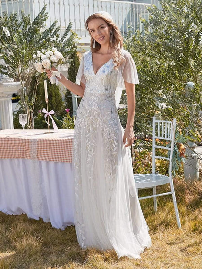 Robe Longue de Soirée Éclatante à Volants et Col en V Romantique