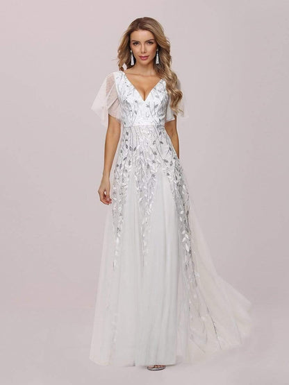 Robe Longue de Soirée Éclatante à Volants et Col en V Romantique