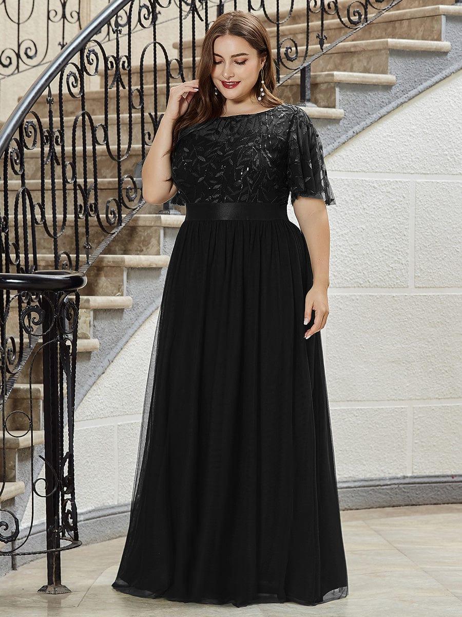 Robe longue de cérémonie à manches courtes avec broderie