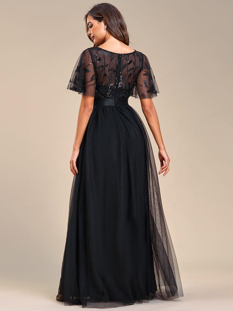 Robe longue de cérémonie à manches courtes avec broderie