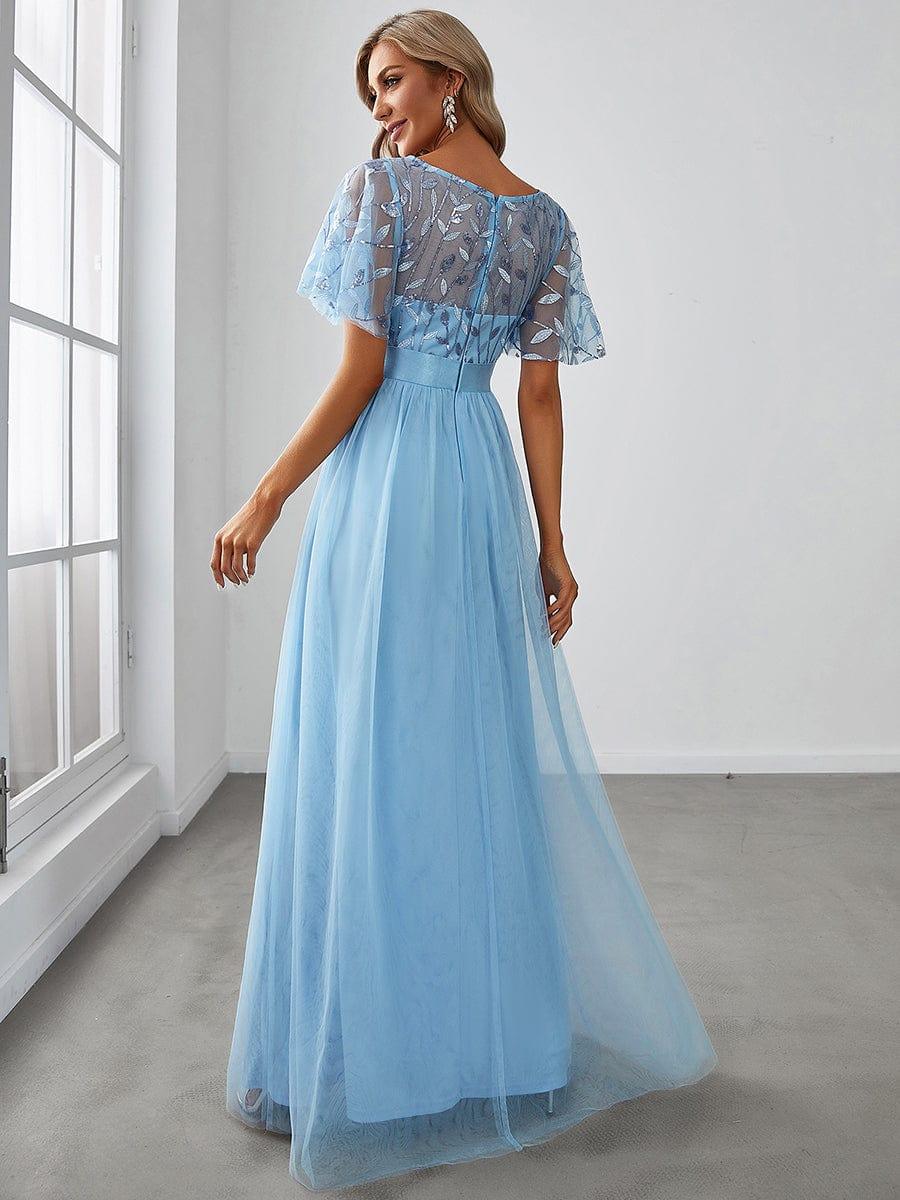 Robe longue de cérémonie à manches courtes avec broderie