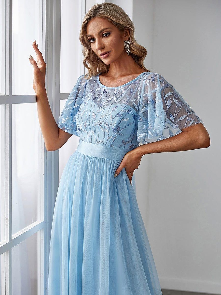 Robe longue de cérémonie à manches courtes avec broderie