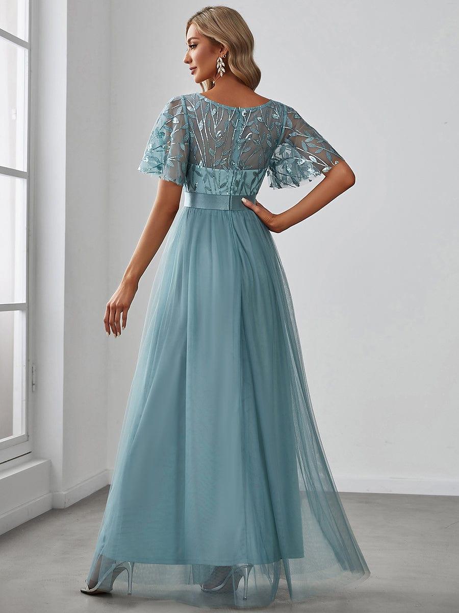 Robe longue de cérémonie à manches courtes avec broderie