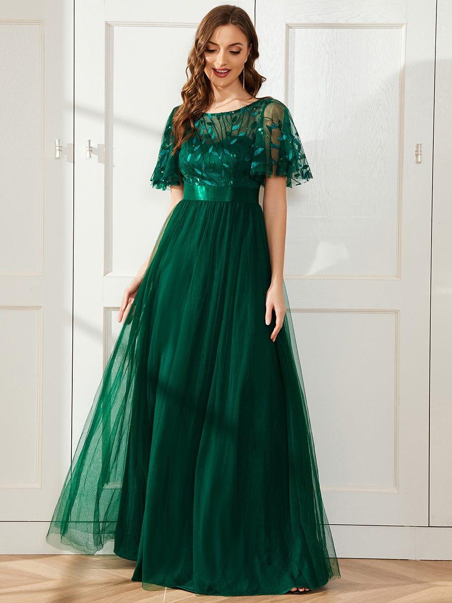 Robe longue de cérémonie à manches courtes avec broderie