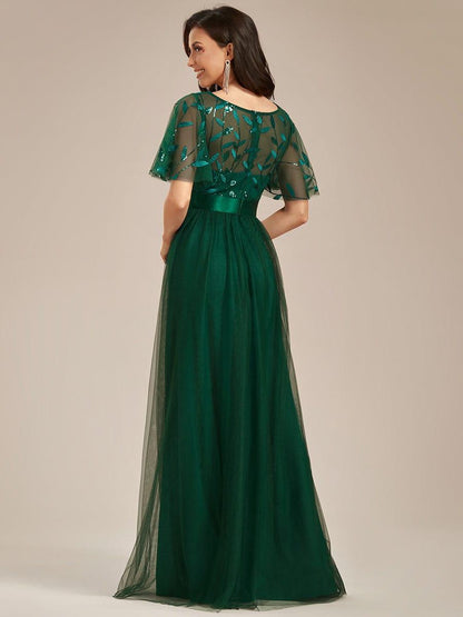 Robe longue de cérémonie à manches courtes avec broderie
