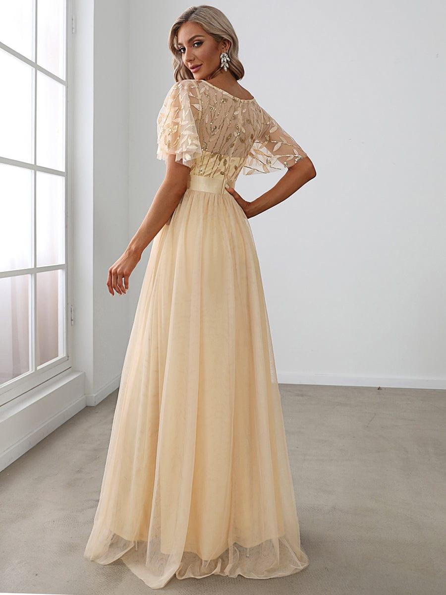 Robe longue de cérémonie à manches courtes avec broderie