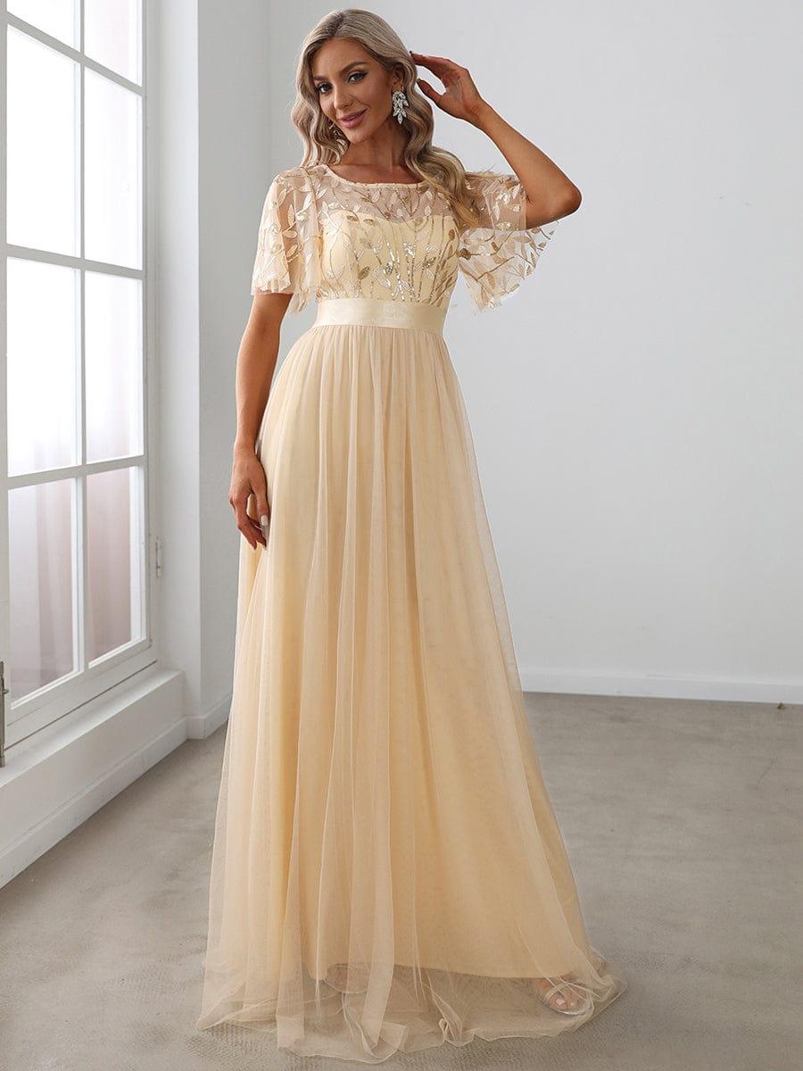 Robe longue de cérémonie à manches courtes avec broderie