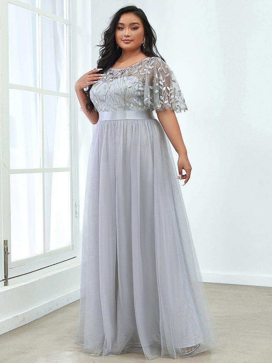 Robe longue de cérémonie à manches courtes avec broderie