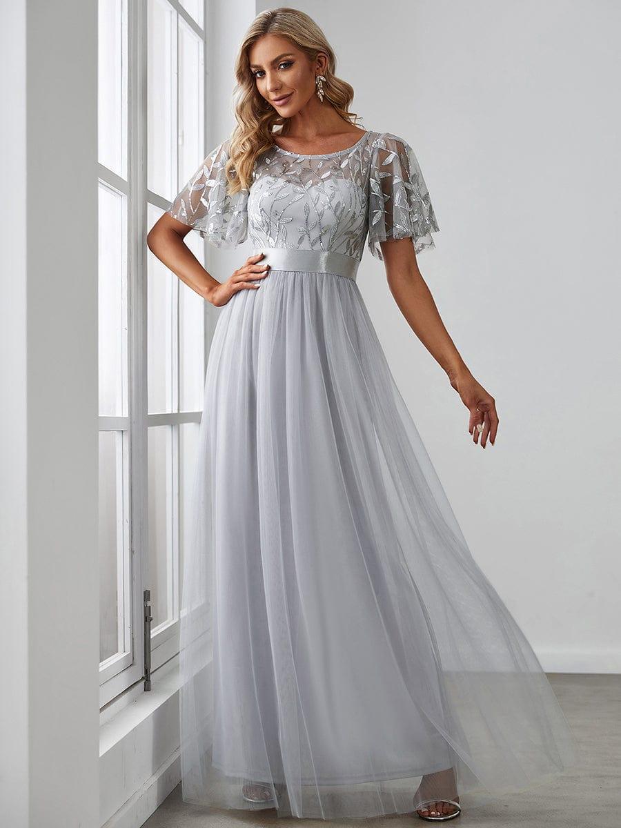 Robe longue de cérémonie à manches courtes avec broderie