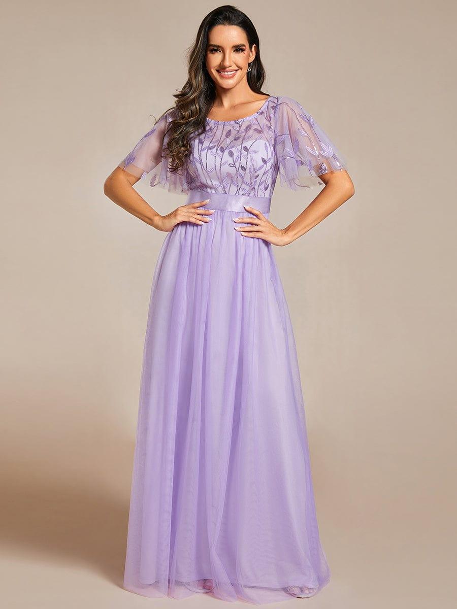 Robe longue de cérémonie à manches courtes avec broderie