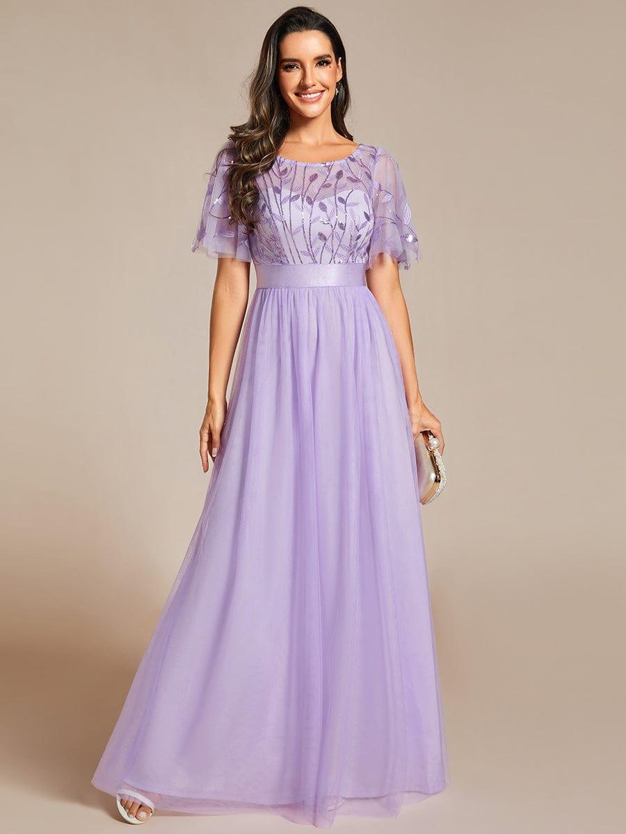 Robe longue de cérémonie à manches courtes avec broderie
