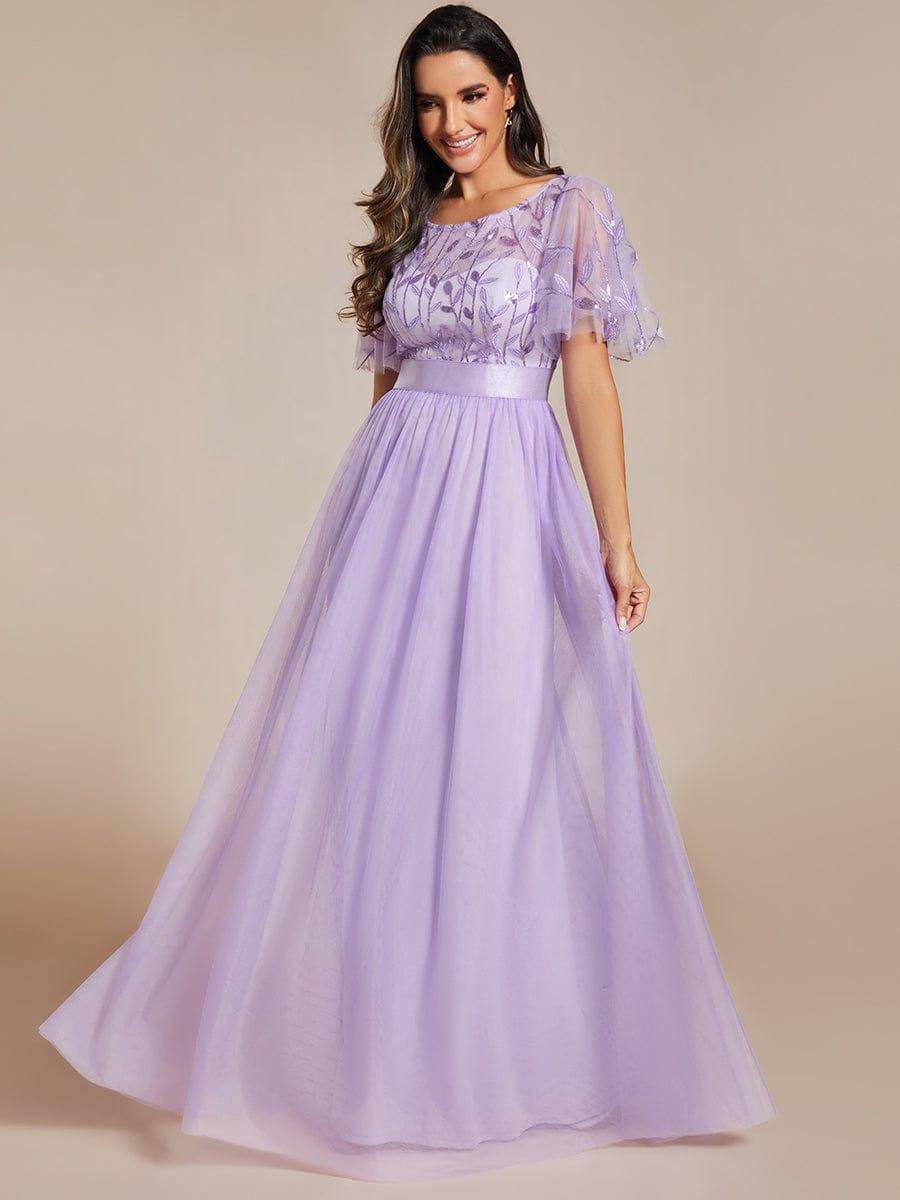 Robe longue de cérémonie à manches courtes avec broderie