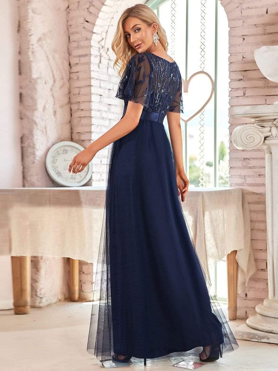 Robe longue de cérémonie à manches courtes avec broderie