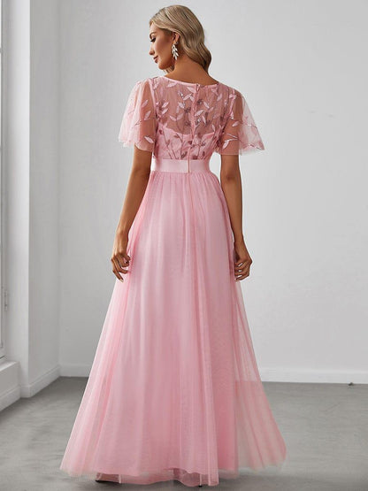 ever SAPHIR|Women's A-Line Short Sleeve Embroidery Floor Length Wedding Guest Dresses