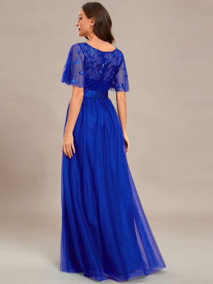 Robe longue de cérémonie à manches courtes avec broderie