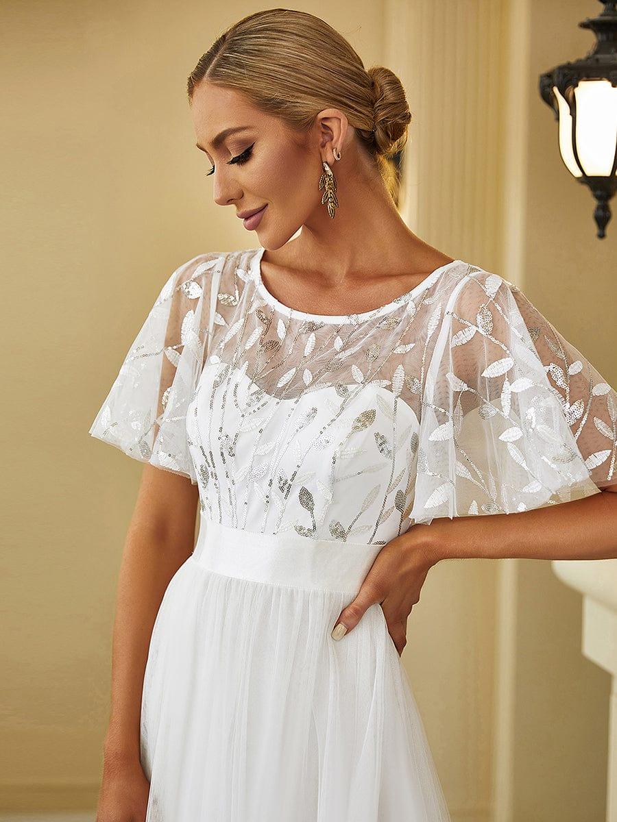 Robe longue de cérémonie à manches courtes avec broderie