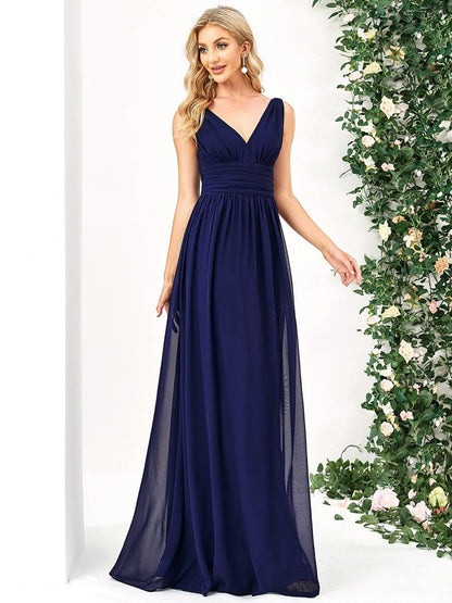 ever HUSH|V Neck Sleeveless Pleated Chiffon Evening Dress
