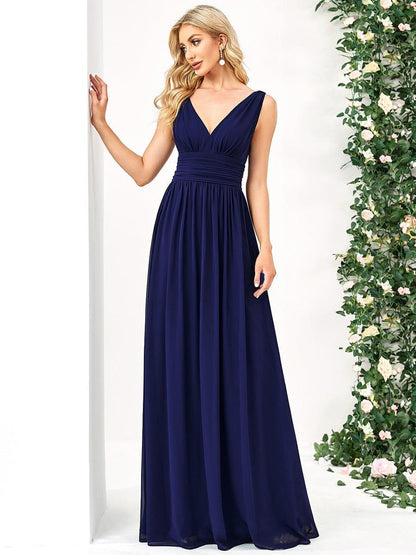 ever HUSH|V Neck Sleeveless Pleated Chiffon Evening Dress