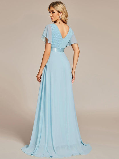 ever MONICA|Long Empire Waist Bridesmaid Dress with Short Flutter Sleeves