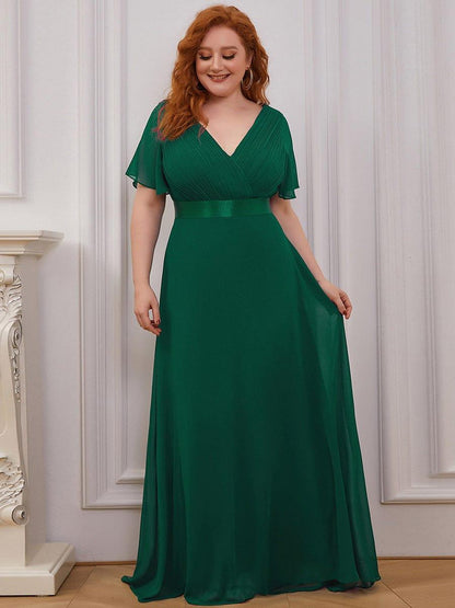 ever MONICA|Long Empire Waist Bridesmaid Dress with Short Flutter Sleeves