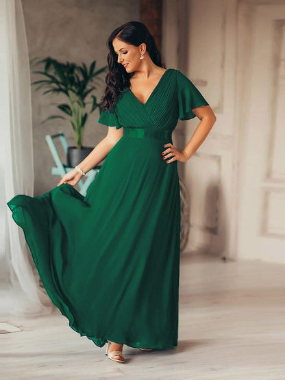 ever MONICA|Long Empire Waist Bridesmaid Dress with Short Flutter Sleeves