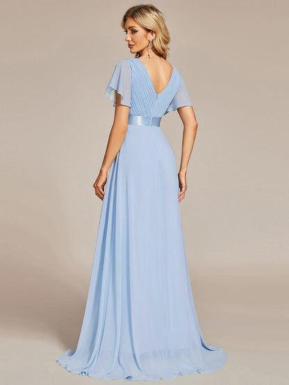 ever MONICA|Long Empire Waist Bridesmaid Dress with Short Flutter Sleeves