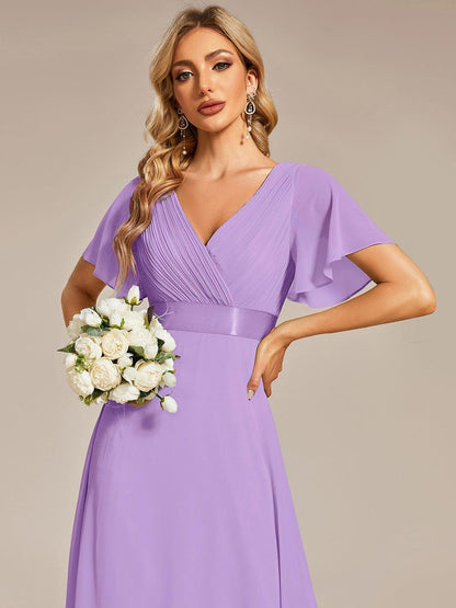 ever MONICA|Long Empire Waist Bridesmaid Dress with Short Flutter Sleeves