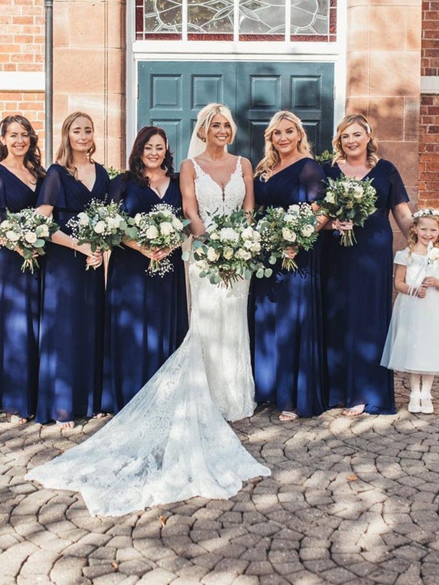 ever MONICA|Long Empire Waist Bridesmaid Dress with Short Flutter Sleeves