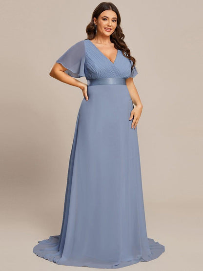 ever MONICA|Long Empire Waist Bridesmaid Dress with Short Flutter Sleeves
