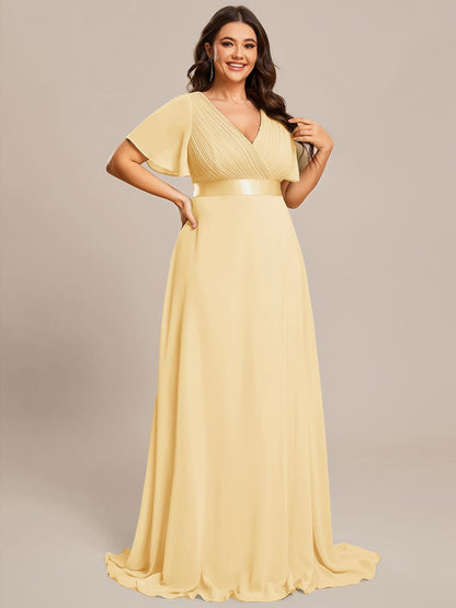 ever MONICA|Long Empire Waist Bridesmaid Dress with Short Flutter Sleeves