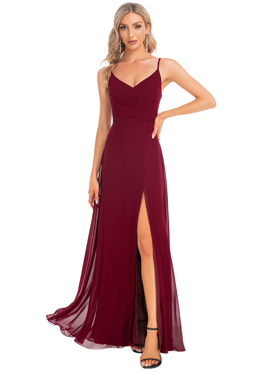ever RENÉ|Spaghetti Strap Pleated V-Neck High Slit Bridesmaid Dress