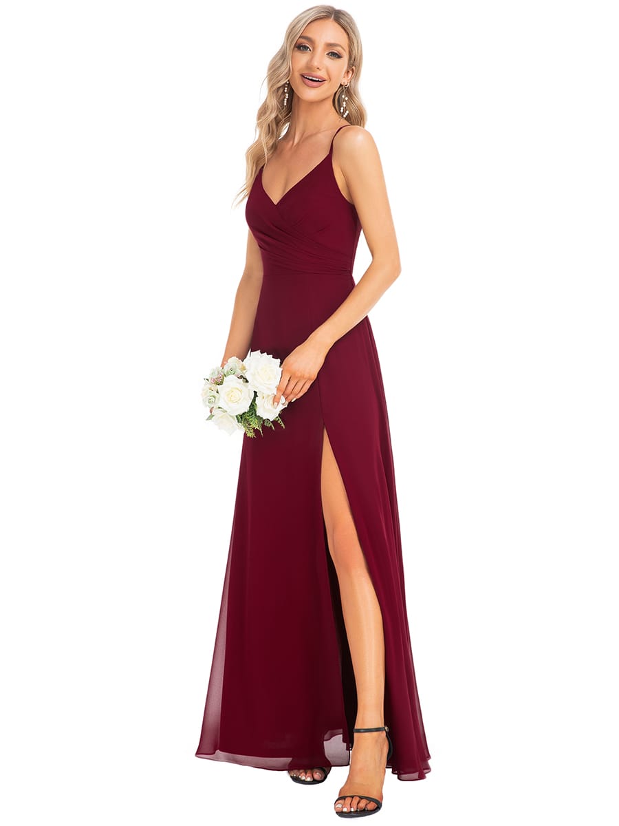 ever RENÉ|Spaghetti Strap Pleated V-Neck High Slit Bridesmaid Dress
