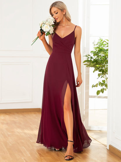 ever RENÉ|Spaghetti Strap Pleated V-Neck High Slit Bridesmaid Dress